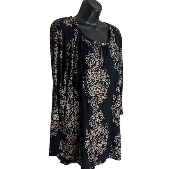 Lucky Brand Top Womens 2X Black Tunic Keyhole 3/4 Sleeve Peasant Stretch Boho - Picture 2 of 16